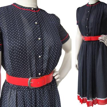 Vintage 80s Chiffon Secretary Dress Black White Polka Dot Red Belt & Trim M 