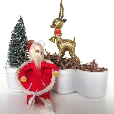 Vintage Santa and Reindeer Christmas Decor Set, Gold Glitter Plastic Reindeer and Spun Cotton Santa Figurine, Vintage Holiday Decor 