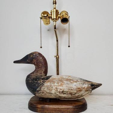 Antique Hand Carved &amp; Painted Drake Canvasback Duck Decoy Table Lamp, Attrib. Leonard Pryor, Rustic American Country Folk Art 