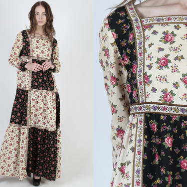 Renaissance Peasant Dress / Long Medieval Calico Floral Dress / 70s Prairie Rose Print Tiered Dress / Patchwork Country Life Maxi Dress 