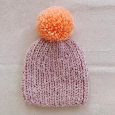 Little Minnows Hand Knit Baby Beanie Hat // Heather Blush Pink with Neon Pompom 