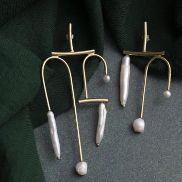 Pearl and Brass Vella Arc Earrings