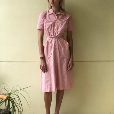 1950's Dress / Deadstock Cotton Dress / Cotton Daywear / Pink and White Stripe / Pocket and belt Dress / Summer Front Button Up Shirt Dress 