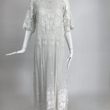 Edwardian Embroidered &amp; appliqued White Batiste &amp; Filet Lace Handmade Dress