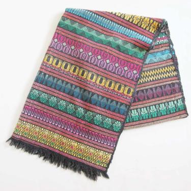 Vintage Mexican Woven Table Runner - 1960s Hand Loomed Thick Cotton Tablecloth - Black Colorful Geometric Mexican Cloth Blanket 