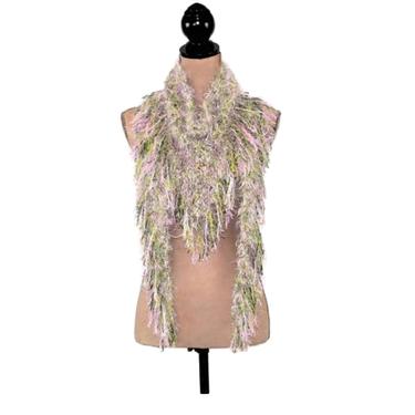 Fuzzy Long Purple & Green Hand Knit Triangle Scarf with Fringe, Handmade Knitted Scarves, Hippie Boho Accessories, Unique Gifts for Women 
