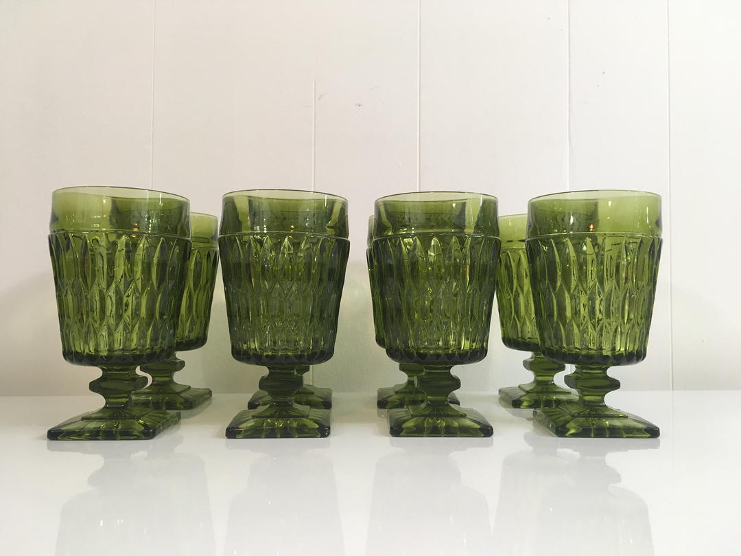 Vintage Mount Vernon Green Water Glasses Square Base Goblet Set Check
