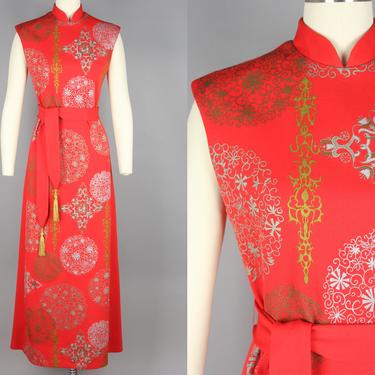 1970s Alfred Shaheen Maxi Dress | Vintage 70s Red, Silver, &amp; Gold Belted Dress | small / medium 