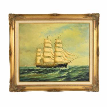 Vintage Original Oil Painting Tall Ship Schooner Sailing Vessel at Sea unsigned 