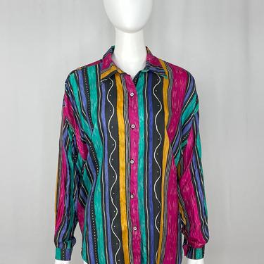Vintage 1980s Bonjour Black and Brights Long Sleeve Silk Blouse Oversized 