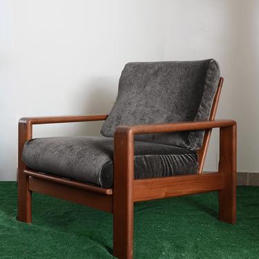 vintage wood cube frame arm chair with velvet cushions 