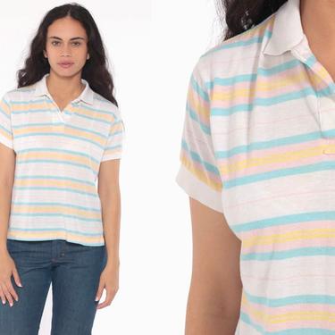 Pastel Striped Shirt Polo 80s Paper Thin BURNOUT Half Button Up Sheer Shirt Kawaii Baby Pink Blue 1980s Collar Vintage Small Medium 