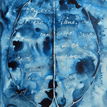 I Don't Believe in Time: Original ink painting on yupo of brain - neuroscience art literature Nabokov 