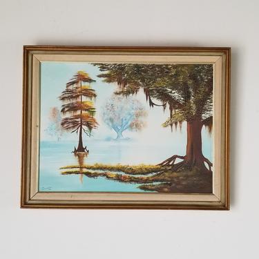 1986 Tropical Florida Landscape Highwayman Style Oil Painting, Framed. 