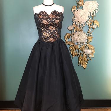 1980s prom dress, bow print, gunne sax, vintage 80s dress, fit and flare, small medium, full skirt, strapless dress, bronze and black, party 