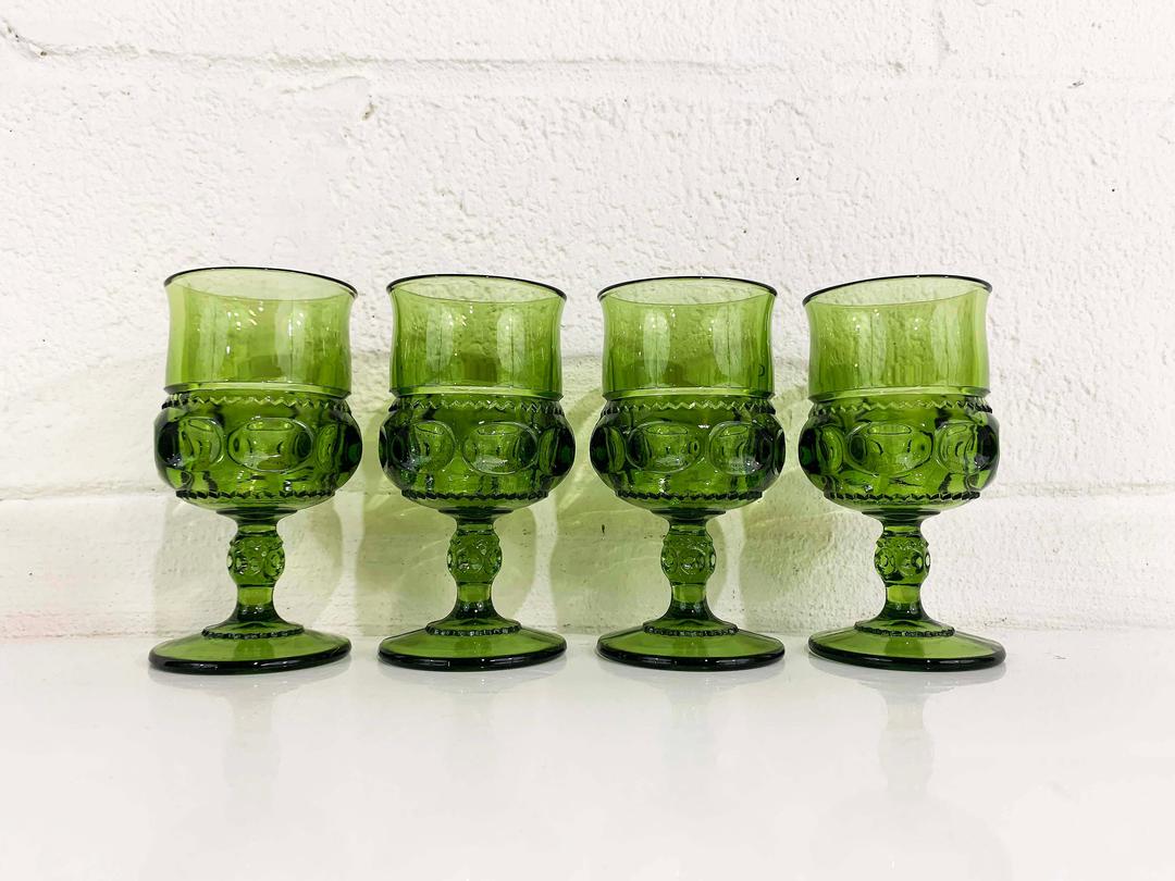 6 Small Dark Green Wine Glasses Mt Vernon by Indiana Glass
