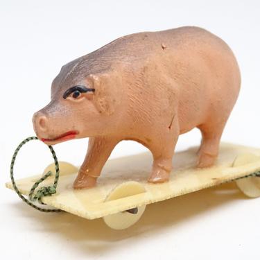 Antique Celluloid Pig Pull Toy,  for Christmas Nativity or Putz, Vintage Farm Animal, AS-IS 