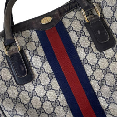 Gucci Vintage 1970s Navy Blue Monogram Coated Canvas Leather