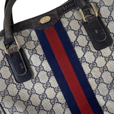 Gucci, Bags, Gucci Ophidia Web Stripe Navy Gg Supreme Canvas Leather  Boston Tote Bag Vintage