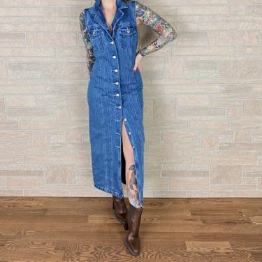 90 s Blue Jean Denim Button Front Sleeveless Maxi Dress Noteworthy Garments Atlanta GA