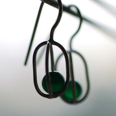 Gravity Collection: Sterling Silver Earrings with Floating Green Onyx - Free Domestic Shipping 