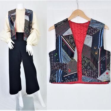 Handmade 1970's Quilted Patchwork Embroidered Folk Art Tie Vest I Sz Med 