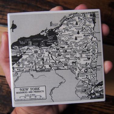 1954 New York State Vintage Economic Map Coaster - Ceramic Tile - Repurposed 1950s Hammond Atlas - Handmade - NY Resources and Products 