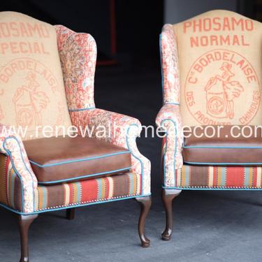 Custom Order - Vintage Upholstered Wingback dining chairs &quot;Lara's French Sunset Wingbacks&quot; - SOLD - Price per Chair 