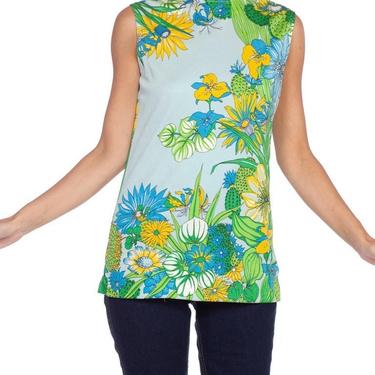 1970'S Blue &amp; Green Polyester Jersey Desert Tropical Floral Print Top 