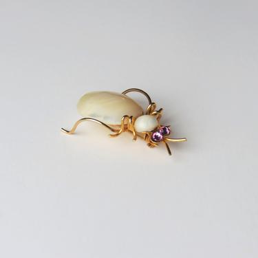 Vintage 1960s bug brooch, agate, wire, rhinestone pin 