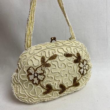 La Regale Vintage 50s 60s Beaded Sequined Clutch Evening Bag Ivory