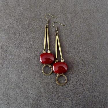 Long bronze dangle earrings, Afrocentric African earrings, geometric earrings, mid century modern earrings, bold orange stone earrings 