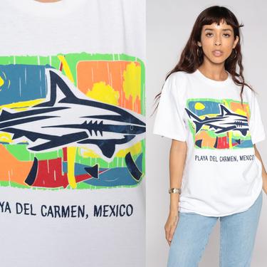 90s Playa Del Carmen Shirt Shark Tshirt Mexico Retro Tee Surfer Shirt Vintage Graphic T Shirt Surf White Large 