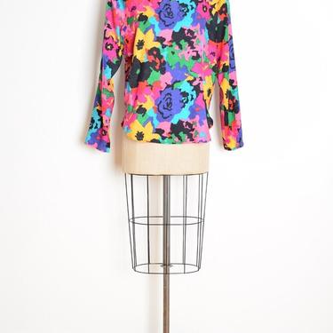 vintage 80s top Flora Kung silk colorful floral print blouse shirt L XL clothing 
