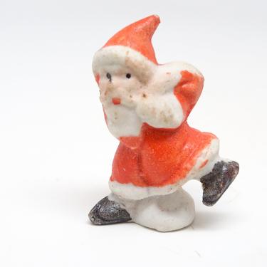 Antique 1940's Japan Miniature Hand Painted Ceramic Bisque Running Santa Claus, Vintage Christmas 