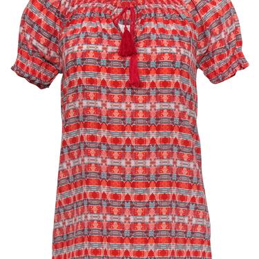 Joie - Red &amp; Blue Patterned Silk Peasant Top Sz XXS