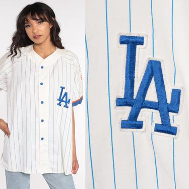 LA Dodgers Shirt Baseball Shirt Button Up Jersey MLB Shirt Sports Graphic Vintage 80s Short Sleeve White Blue Large xl 