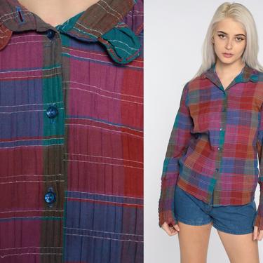 Plaid Blouse 80s Button Up Shirt Checkered Print Long Sleeve 1980s Top Vintage Purple Red Blue Medium Large 