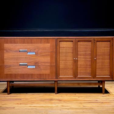 Refinished Mid Century Modern American of Martinsville Six Drawer Walnut and Cane Lowboy Dresser Credenza Sideboard by Merton Gershun 