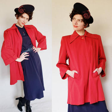 1940s Red Swing Coat / 40s Spring Coat or Long Jacket in Cherry Red with Pointy Collar / Med 