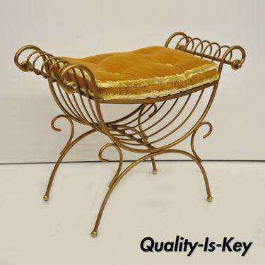 Italian Hollywood Regency Gold Curule Wrought Iron X-Frame Vanity Bench Seat