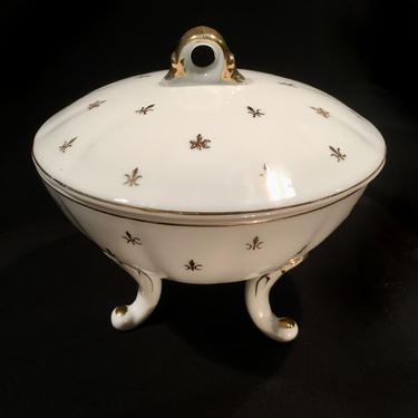 Vintage Lefton China Candy Dish White Footed with Handpainted Gold Fleur-de-Lis by BellewoodDesignGoods