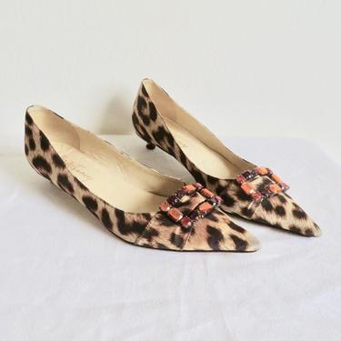 Vintage Size 8 1960's Style Leopard Print Kitten Heel Flats Pointed Toes Amber Glass Gem Shoe Clip Leather Interior Soles Will&amp;quot;s Fancy Italy 