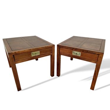 Henredon Parquetry Top Walnut Burl Wood Campaign End Tables 