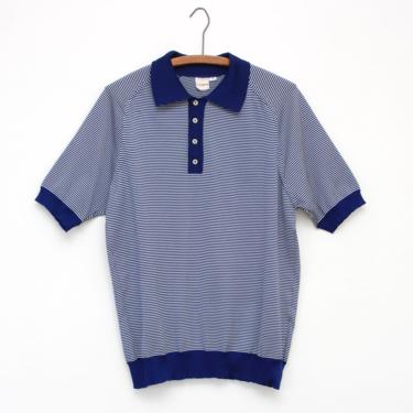 Vintage 1970s Striped Men's Shirt - Blue &amp; White Stretchy Knit Polo Short Sleeve Shirt - L 