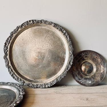 Extra Large Heavy Towle Silverplate Tray | 19 Inch Diameter Silver Tray | Scalloped Edge Round Large Silver Serving Tray | Tarnished 
