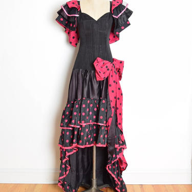 vintage 80s prom dress black fuchsia polka dot cha cha ruffle bow party maxi S clothing 