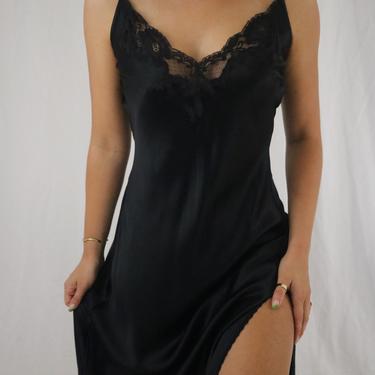 Vintage Victoria’s Secret Black Silk + Lace Full Length Slip Dress - Deep Plunging Back with Side Slit - Medium 