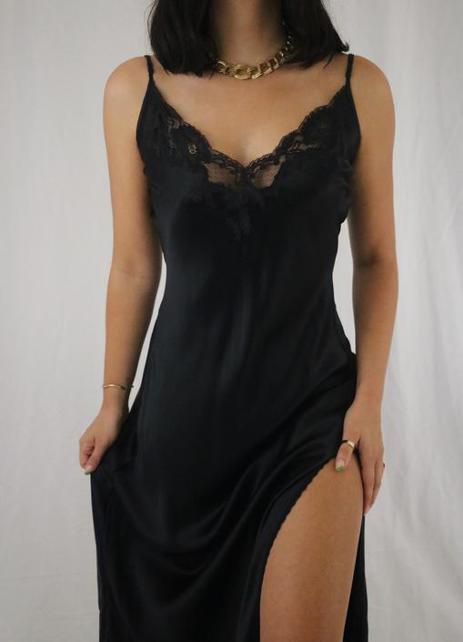 Vintage Victoria's Secret Black Silk + Lace Full Length Slip