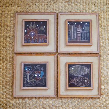 Vintage Framed Mid-Century Modern Hand Painted Tiles by Harris G. Strong, set of 4 